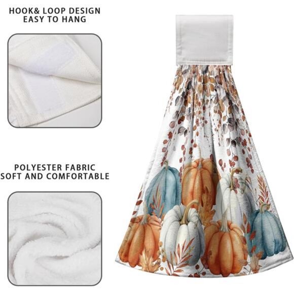 Fall Pumpkins Kitchen Hand Towels with Loop 2 Pcs‎ Autumn Leaves Pumpkin Hanging - Picture 6 of 8